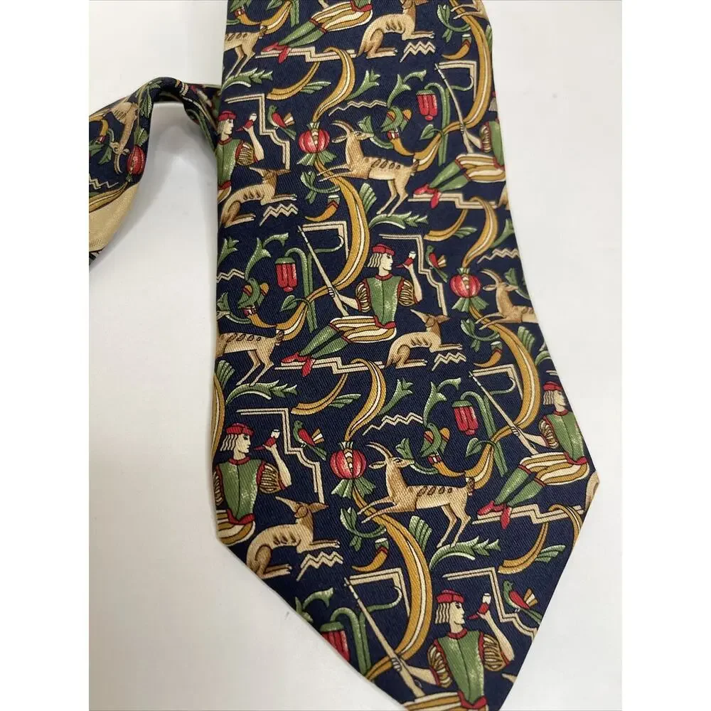 Salvatore Ferragamo Silk Tie Mens Blue Red Abstract Deer Hunter Print Pointed